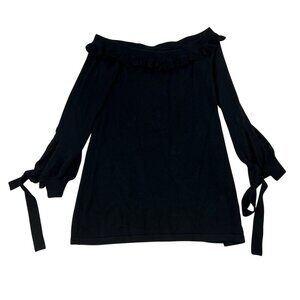 LPA Off Shoulder Sweater Dress Ruffle Neck Tie Cuff Black Size Large Wool Blend